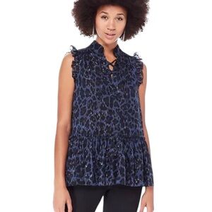 Kate Spade Navy Leopard Print Ruffle Blouse